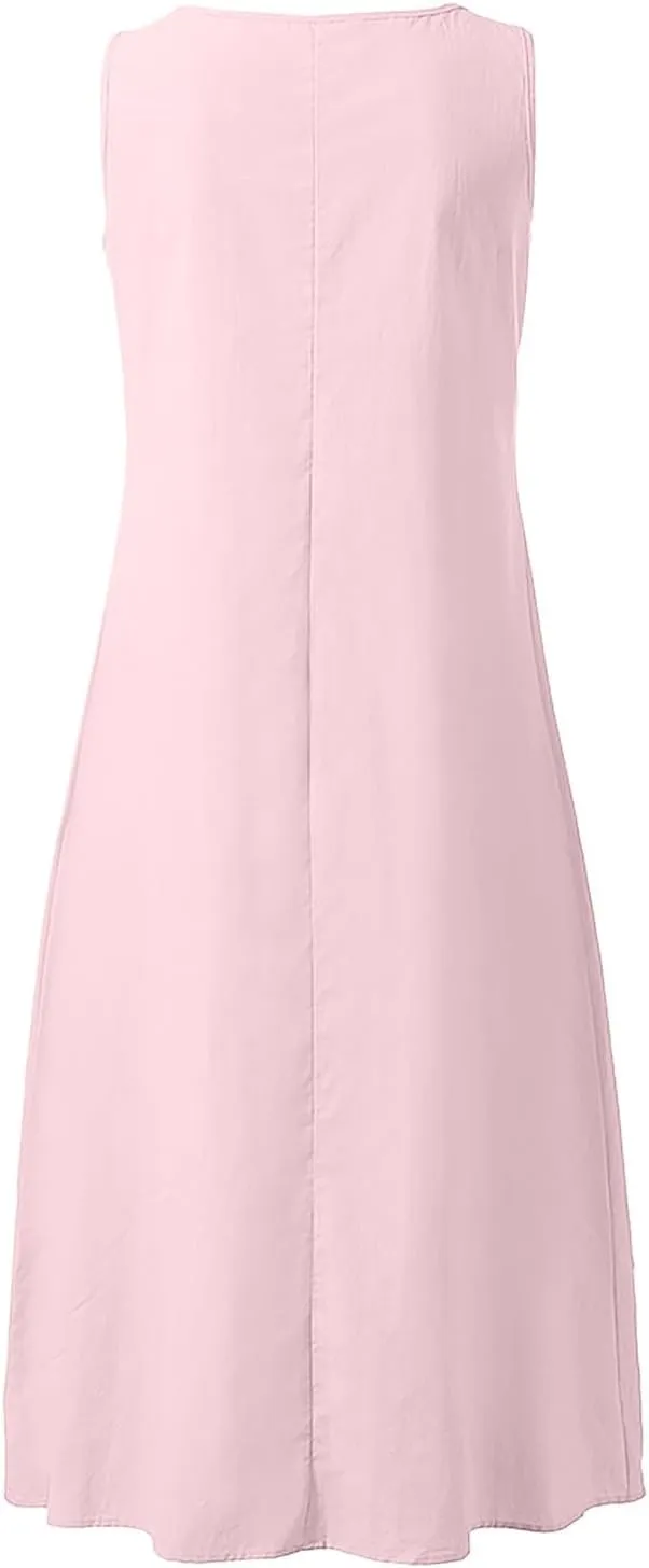 Summer Dresses for Women Casual Sleeveless Cotton Linen Sundresses V Neck Flowy Beach Vacation Dress with Pockets