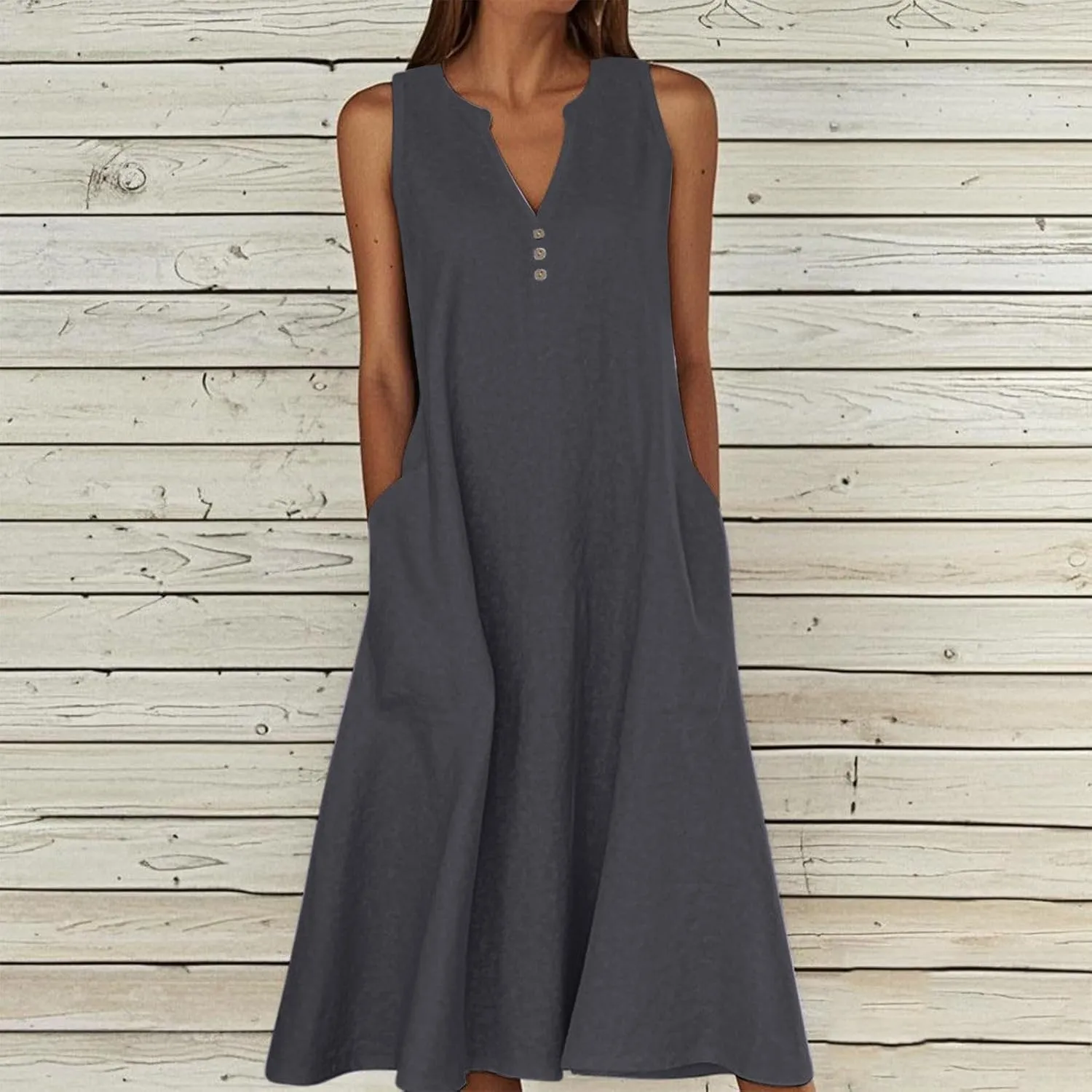 Summer Dresses for Women Casual Sleeveless Cotton Linen Sundresses V Neck Flowy Beach Vacation Dress with Pockets