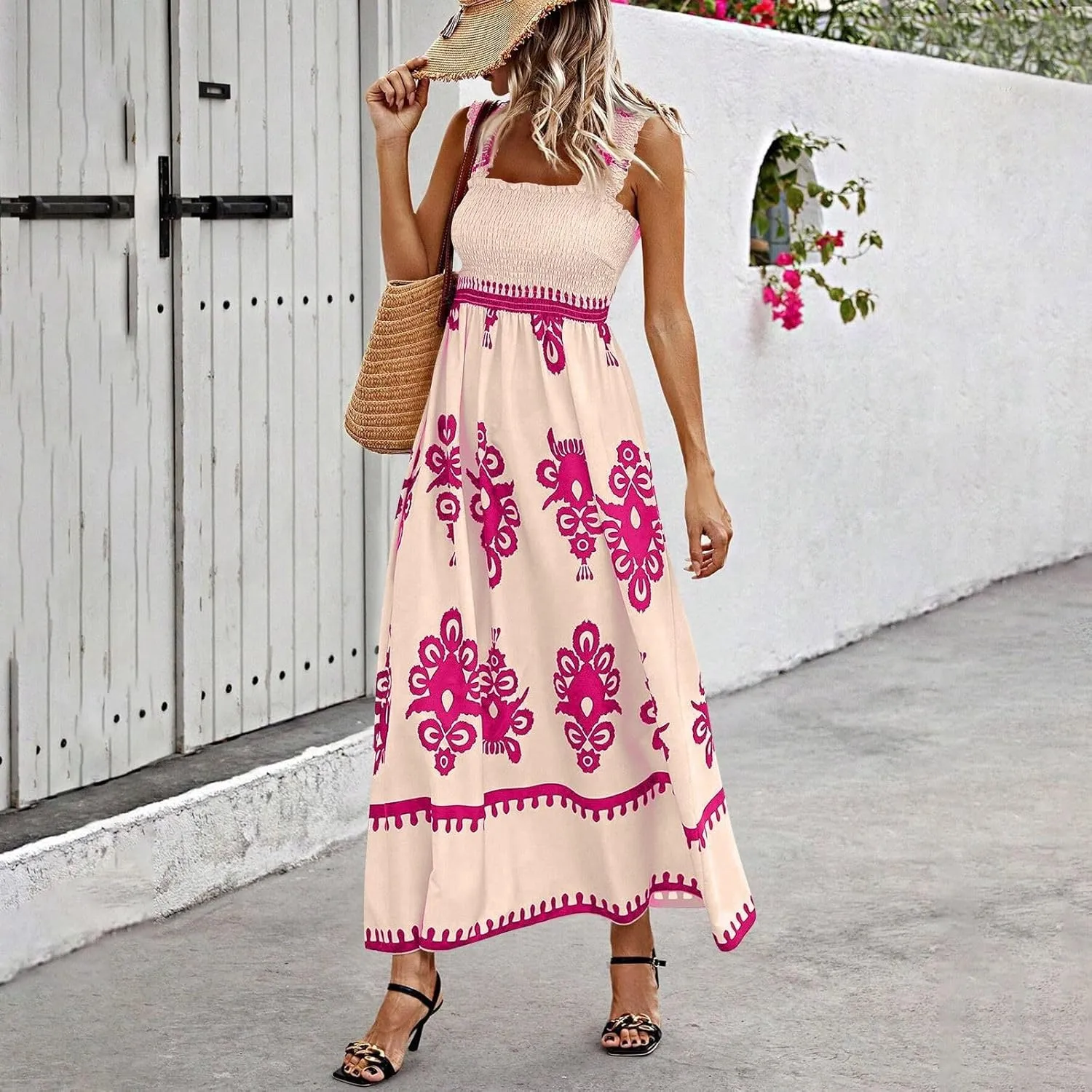 Sundresses for Women,2025 Summer Trendy Floral Smocked Maxi Dress,Sleeveless Square Neck Flowy Boho Vacation Dress