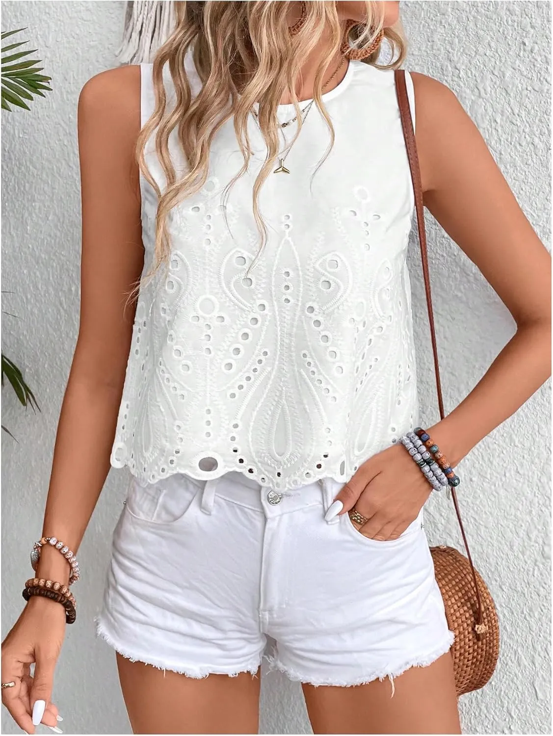 SweatyRocks Women's Eleyet Embroidered Sleeveless Blouse Round Neck Casual Summer Shirt Tops