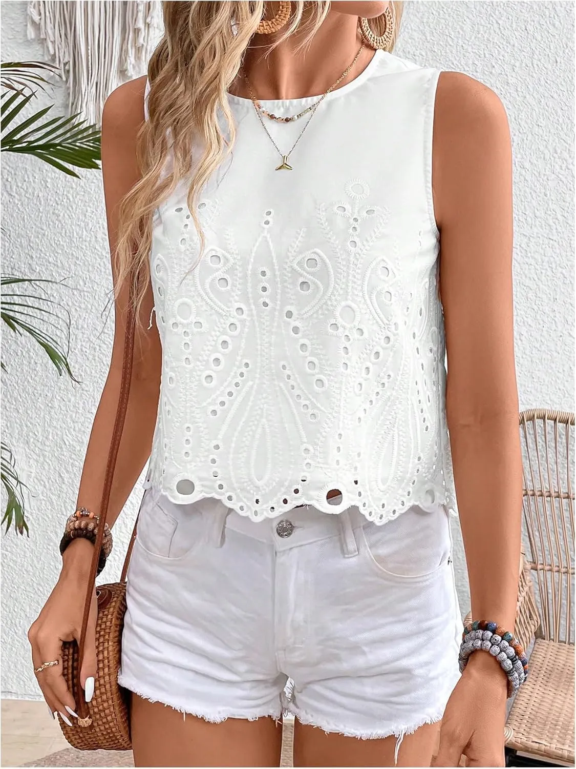 SweatyRocks Women's Eleyet Embroidered Sleeveless Blouse Round Neck Casual Summer Shirt Tops