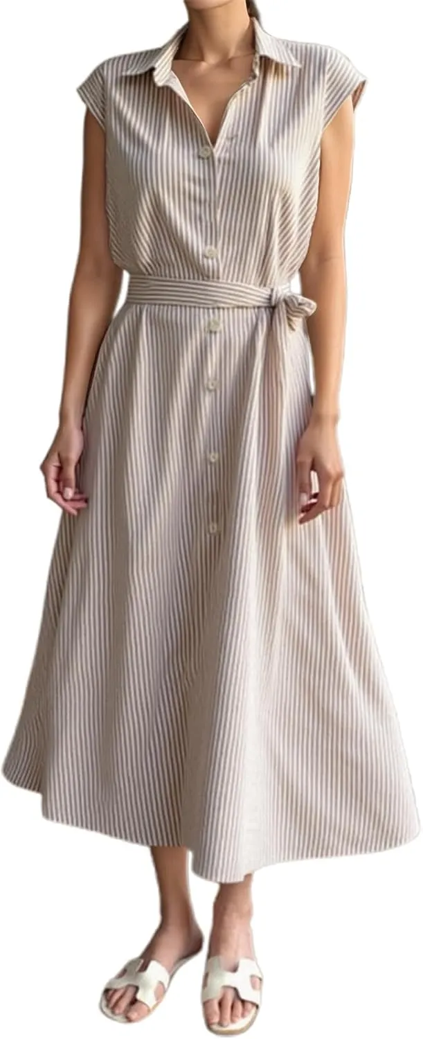 T Shirt Dress for Women with Waist Tie Casual Loose Fit Beach Cover Ups Striped Beach Short Sleeve Sundress with Pocket