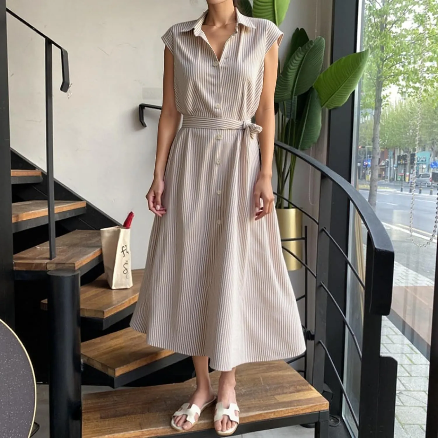 T Shirt Dress for Women with Waist Tie Casual Loose Fit Beach Cover Ups Striped Beach Short Sleeve Sundress with Pocket