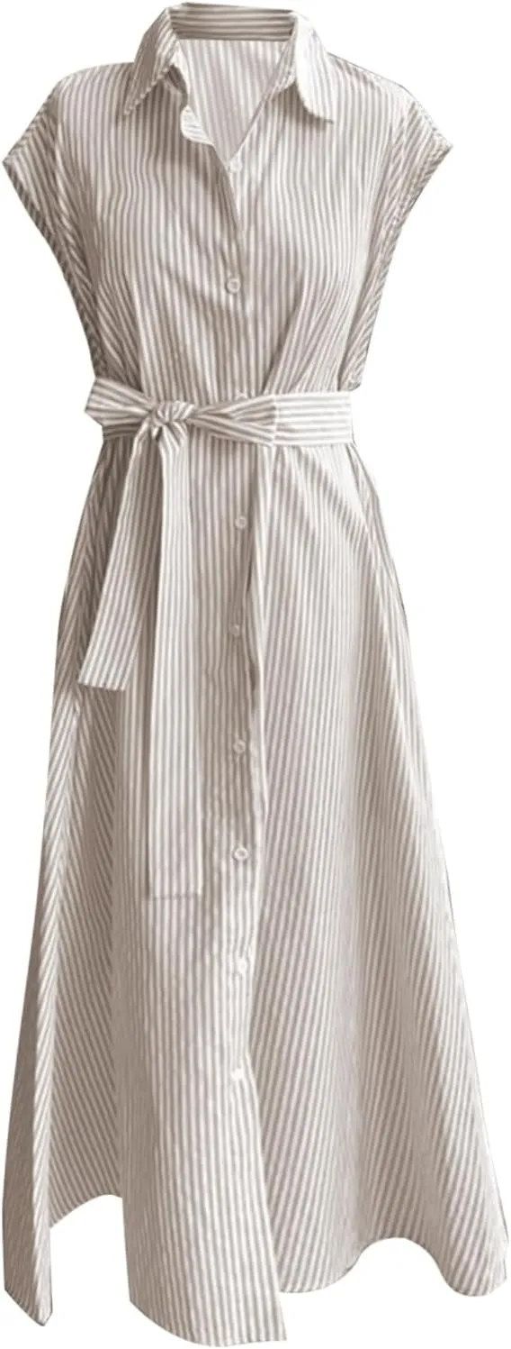 T Shirt Dress for Women with Waist Tie Casual Loose Fit Beach Cover Ups Striped Beach Short Sleeve Sundress with Pocket