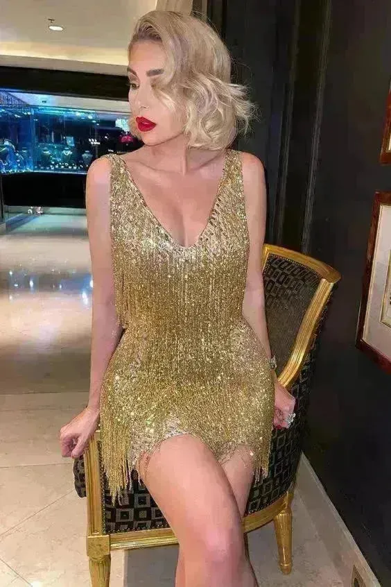 Tassel fringe Sequins Elegant Deep V neck Camisole Gown Dress For Women for Cocktail Wedding Evening Party Events