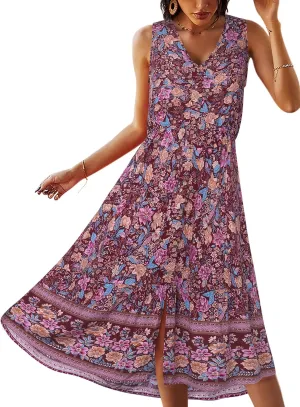 TEMOFON Women Dress Summer Sleeveless Bohemian: Floral V Neck Button Down Flowy Boho Dresses S-XL