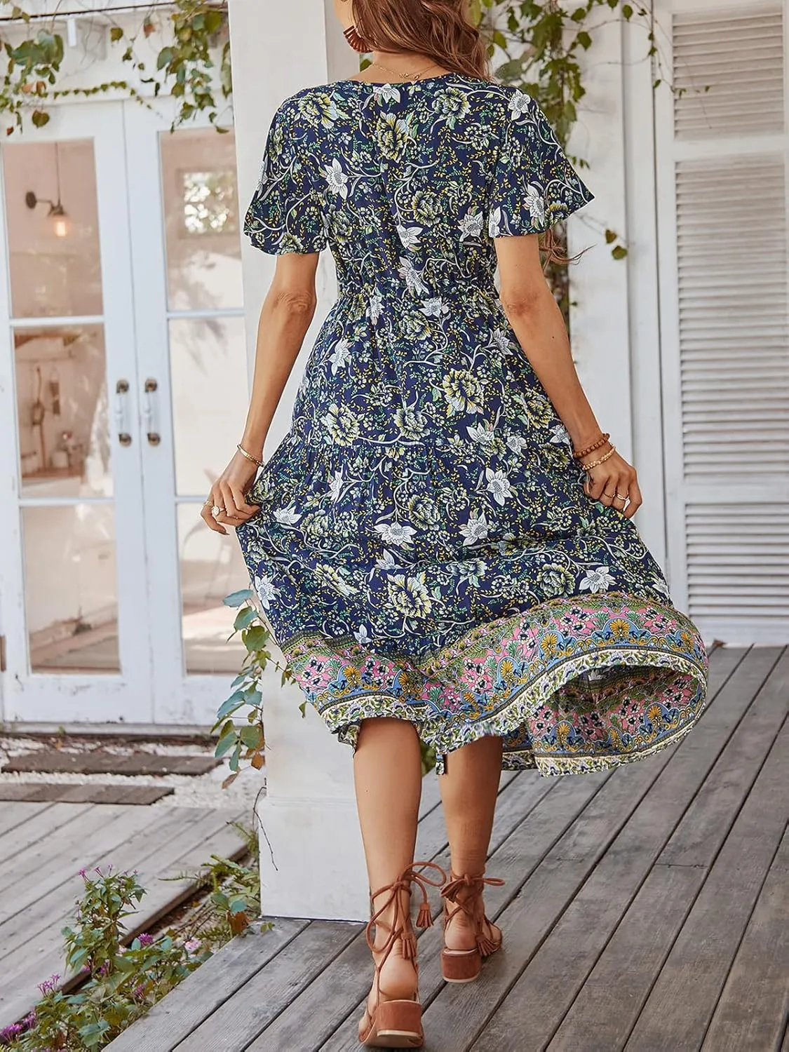 TEMOFON Women Dress Summer Sleeveless Bohemian: Floral V Neck Button Down Flowy Boho Dresses S-XL