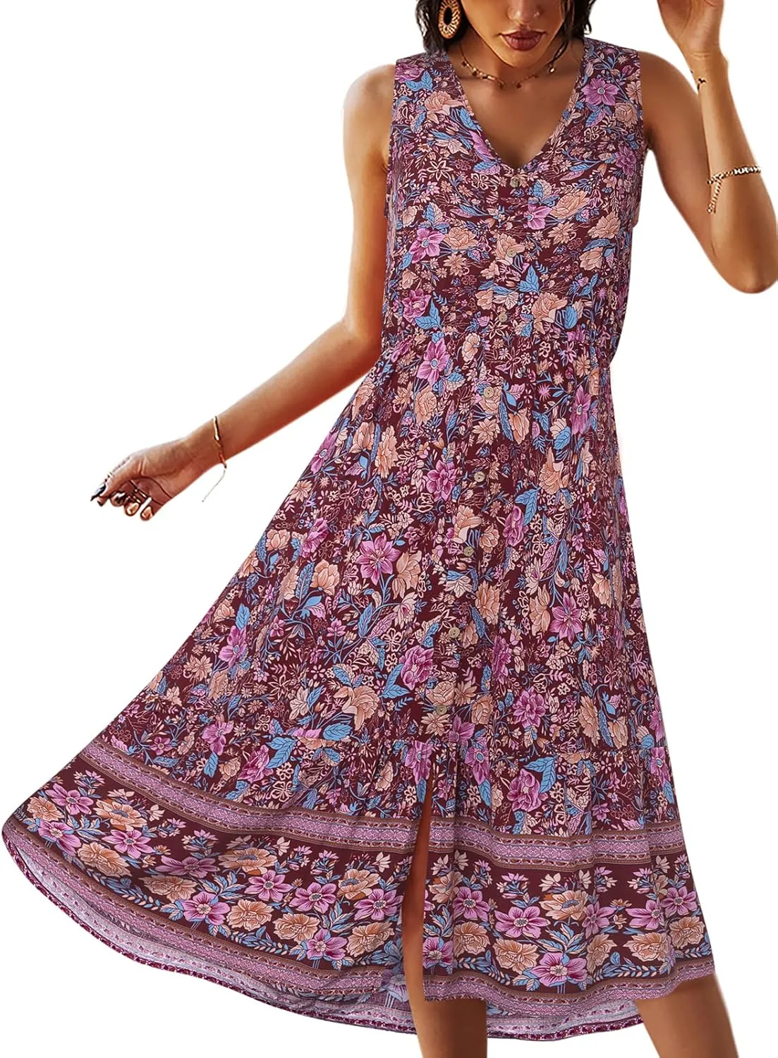 TEMOFON Women Dress Summer Sleeveless Bohemian: Floral V Neck Button Down Flowy Boho Dresses S-XL