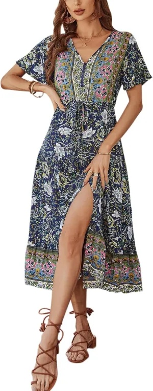 TEMOFON Women Dress Summer Sleeveless Bohemian: Floral V Neck Button Down Flowy Boho Dresses S-XL