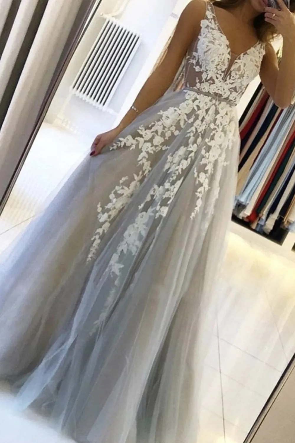 V Neck Gray Lace Long Prom Dress, Grey Lace Formal Graduation Evening Dress