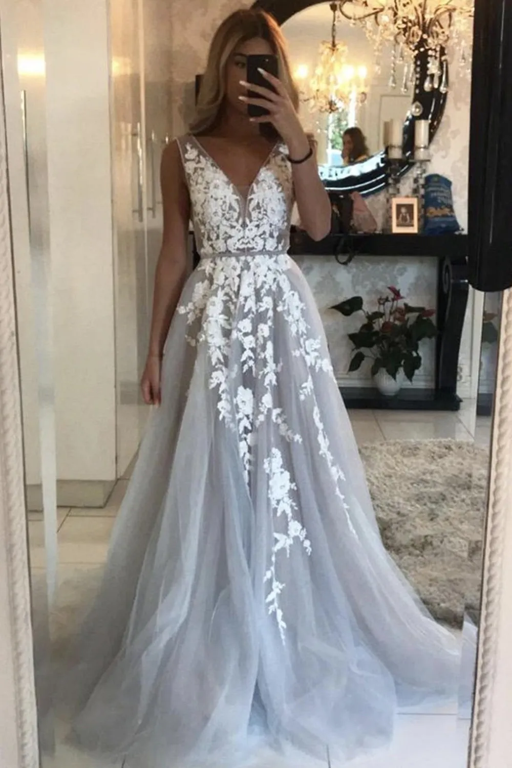V Neck Gray Lace Long Prom Dress, Grey Lace Formal Graduation Evening Dress