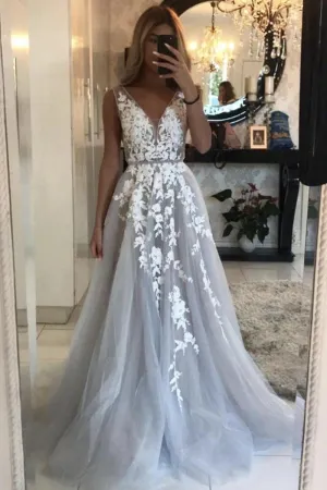 V Neck Gray Lace Long Prom Dress, Grey Lace Formal Graduation Evening Dress