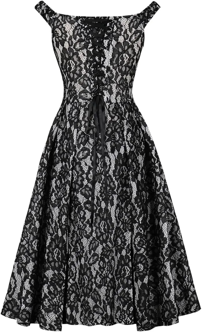 Wellwits Women's Gothic Floral Lace Off Shoulder Vintage Formal Dress