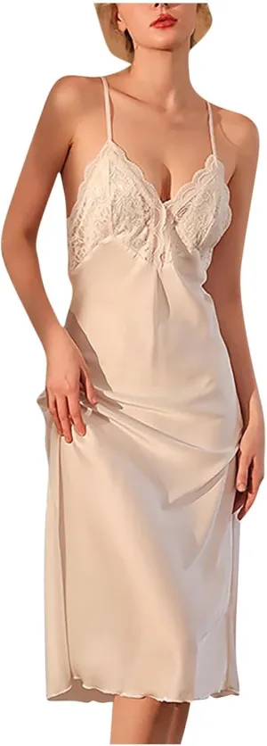 Women Lace Satin Sleep Dress Sexy Sleepwear Midi Long Nightgown Full Slip Dresses Velvet Sleeveless Chemise Dress