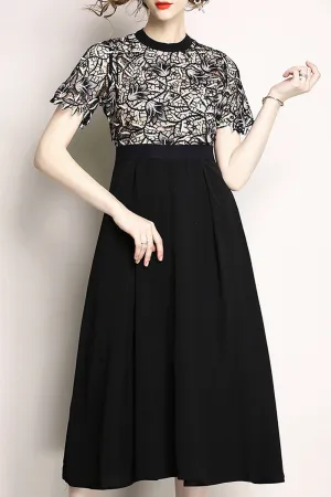 Women Short Sleeve Mid Length Solid Color Skirt Round Neck Convenient Lace Embroidery Dress - C6922ZWD
