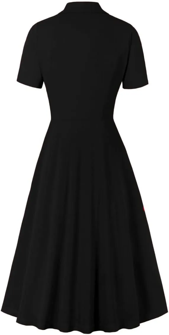 Women Short Sleeve Tie Neck Vintage Cocktail Party Dress Buttons Down 50s Flared A-Line Casual Office Work Prom Swing Dress
