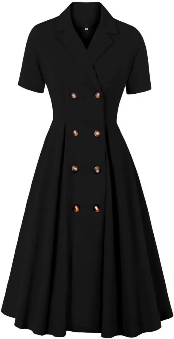 Women Short Sleeve Tie Neck Vintage Cocktail Party Dress Buttons Down 50s Flared A-Line Casual Office Work Prom Swing Dress