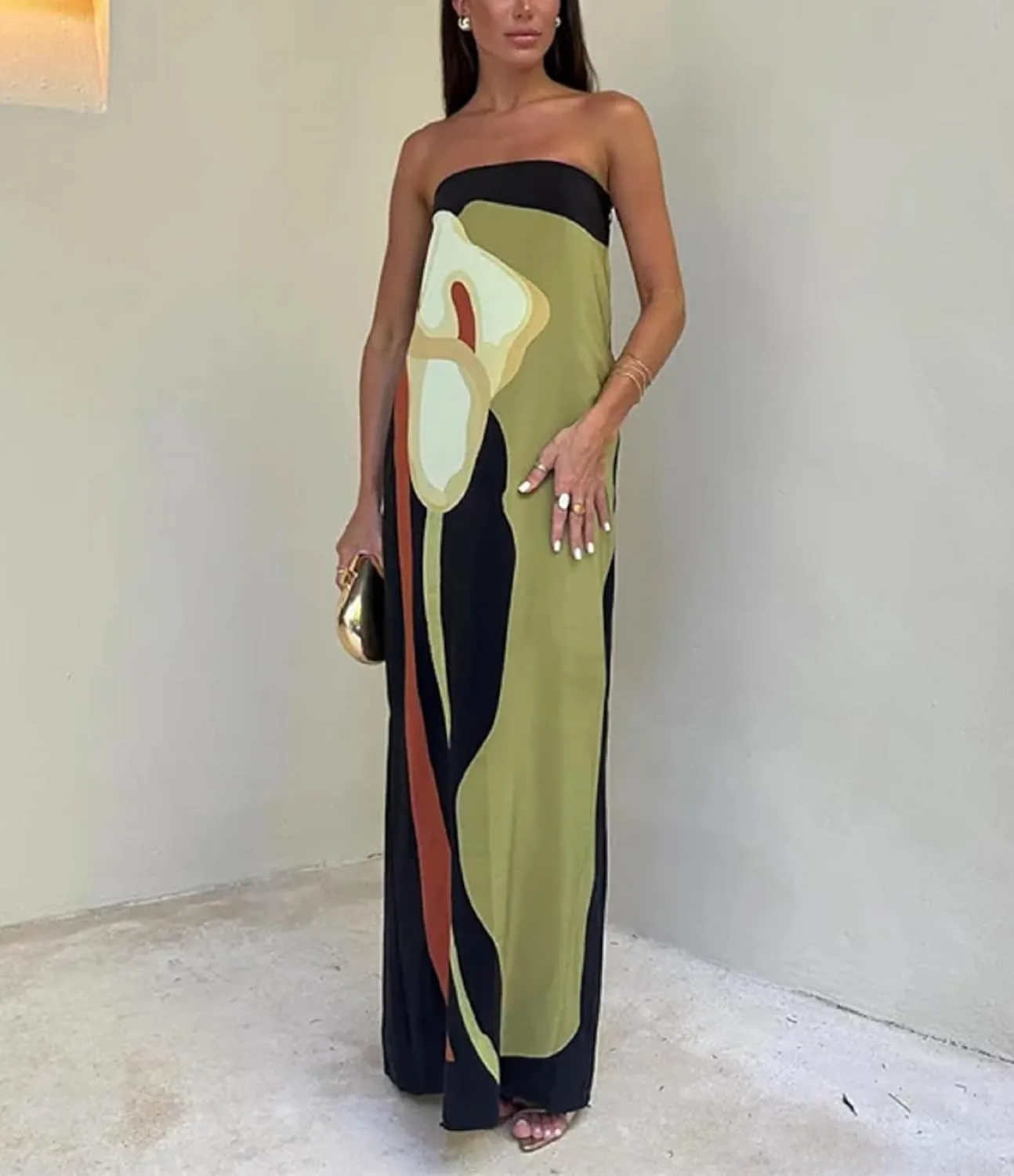 Women Strapless Maxi Dress Boho Floral Print Flowy Long Tube Dress Off Shoulder Loose Beach Sundress