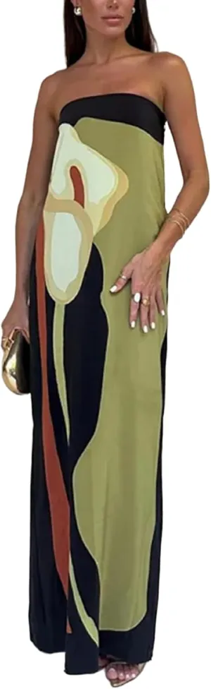 Women Strapless Maxi Dress Boho Floral Print Flowy Long Tube Dress Off Shoulder Loose Beach Sundress