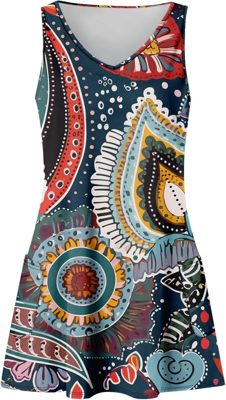 Women Summer Dresses Casual 2025 Sundress V Neck Sleeveless Dress with Pocket Beach Printed Swimsuit Coverup