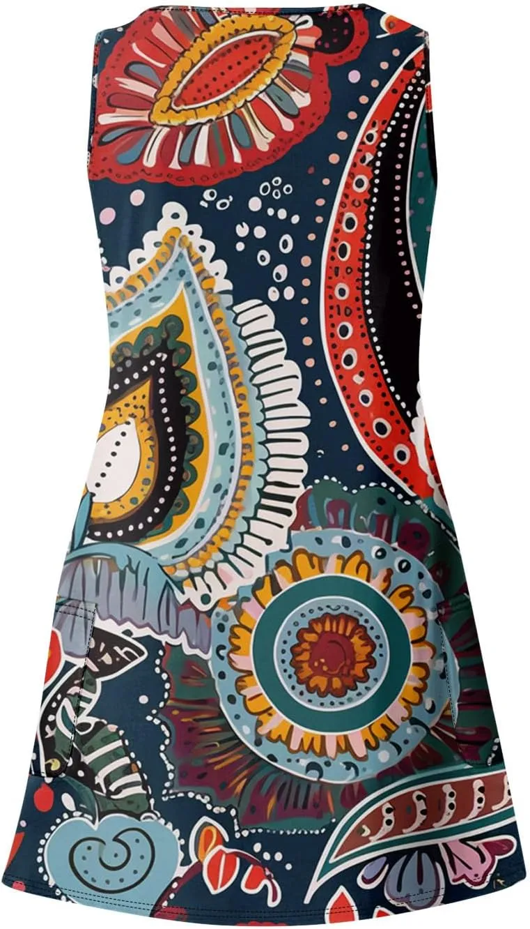 Women Summer Dresses Casual 2025 Sundress V Neck Sleeveless Dress with Pocket Beach Printed Swimsuit Coverup