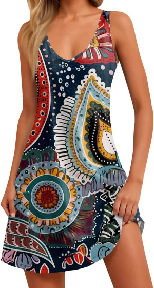 Women Summer Dresses Casual 2025 Sundress V Neck Sleeveless Dress with Pocket Beach Printed Swimsuit Coverup