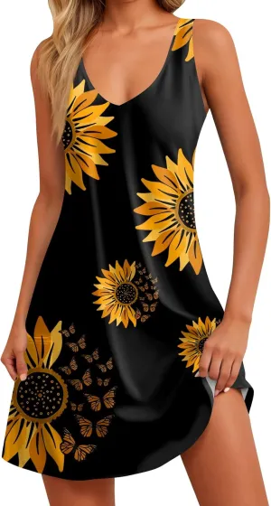 Women Summer Dresses Printed Beach Swimsuit Coverup Casual Sleeveless Dress with Pocket Vacation V Neck Sundress