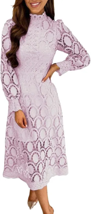 Women's Flowy Lace Formal Dress Womens Sexy Long Puff Sleeve Stand Collar Tight Waist Long Dress Lace Maxi Dress for Women