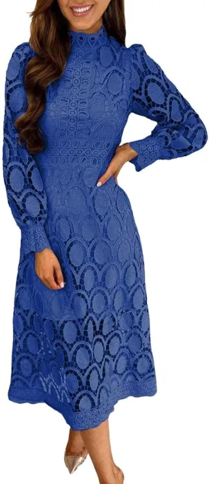 Women's Flowy Lace Formal Dress Womens Sexy Long Puff Sleeve Stand Collar Tight Waist Long Dress Lace Maxi Dress for Women