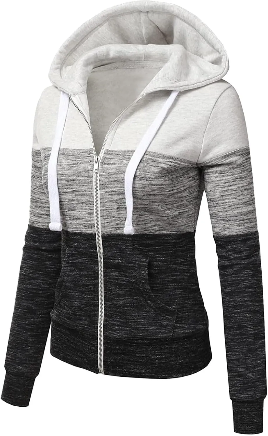 Women's Hoodie Colour Block Hooded Sweatshirt Zipper Long Sleeve Top with Pockets