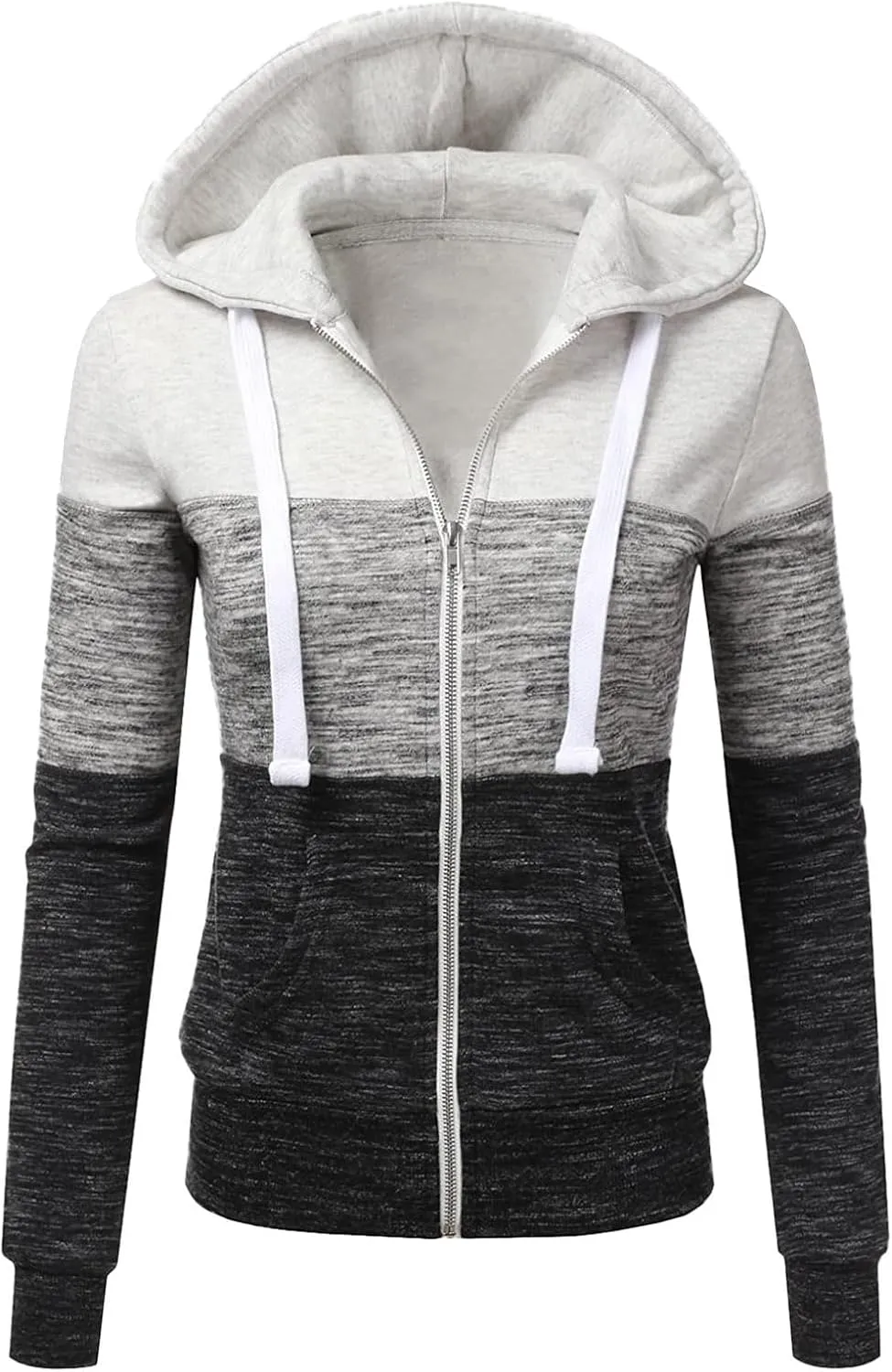 Women's Hoodie Colour Block Hooded Sweatshirt Zipper Long Sleeve Top with Pockets