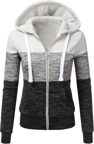 Women's Hoodie Colour Block Hooded Sweatshirt Zipper Long Sleeve Top with Pockets