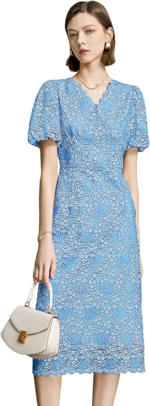 Women's Lace Floral V-Neck Dress with Puff Sleeves and Back Zipper, Elegant and Romantic Design