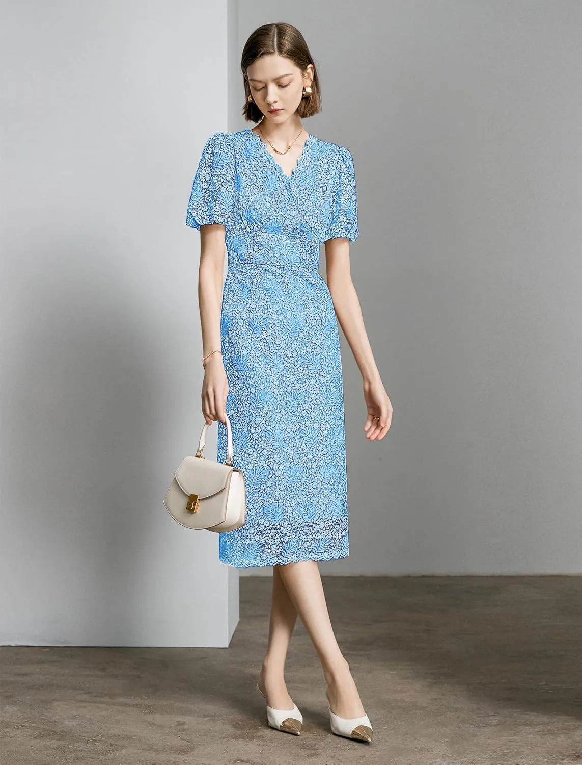 Women's Lace Floral V-Neck Dress with Puff Sleeves and Back Zipper, Elegant and Romantic Design
