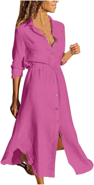 Women's Maxi Shirt Dress 2024 Spring Summer Long Sleeve Dresses Lapel V Neck A Line Flowy Elegant Party Long Dresses
