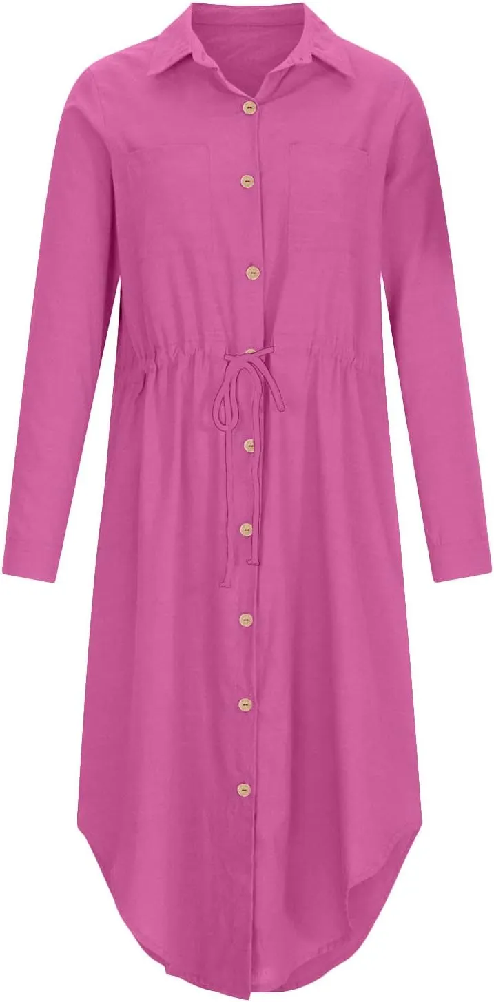 Women's Maxi Shirt Dress 2024 Spring Summer Long Sleeve Dresses Lapel V Neck A Line Flowy Elegant Party Long Dresses
