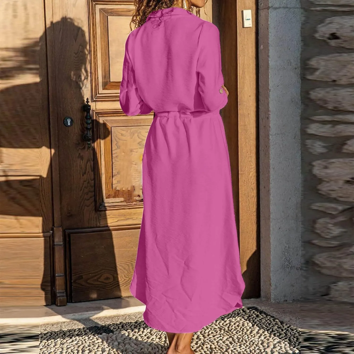 Women's Maxi Shirt Dress 2024 Spring Summer Long Sleeve Dresses Lapel V Neck A Line Flowy Elegant Party Long Dresses