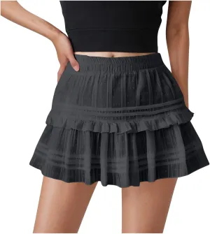 Women's Swiss Dot Mesh Pleated Mini Skirt High Waisted A-Line Tiered Ruffle Tennis Skirts Sports Skater Running Skirt