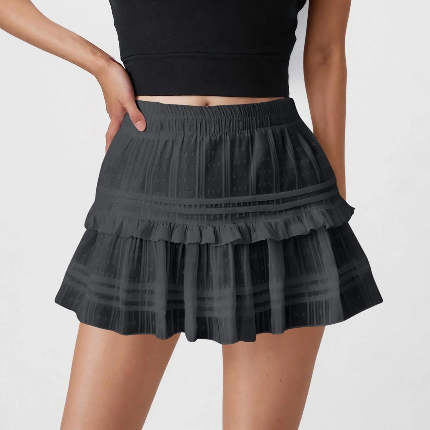 Women's Swiss Dot Mesh Pleated Mini Skirt High Waisted A-Line Tiered Ruffle Tennis Skirts Sports Skater Running Skirt