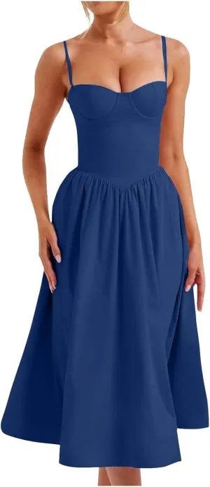 Women's Vintage Corset Dress Spaghetti Strap A-Line Midi Dress Solid Color Elegant Cocktail Party Evening Dresses