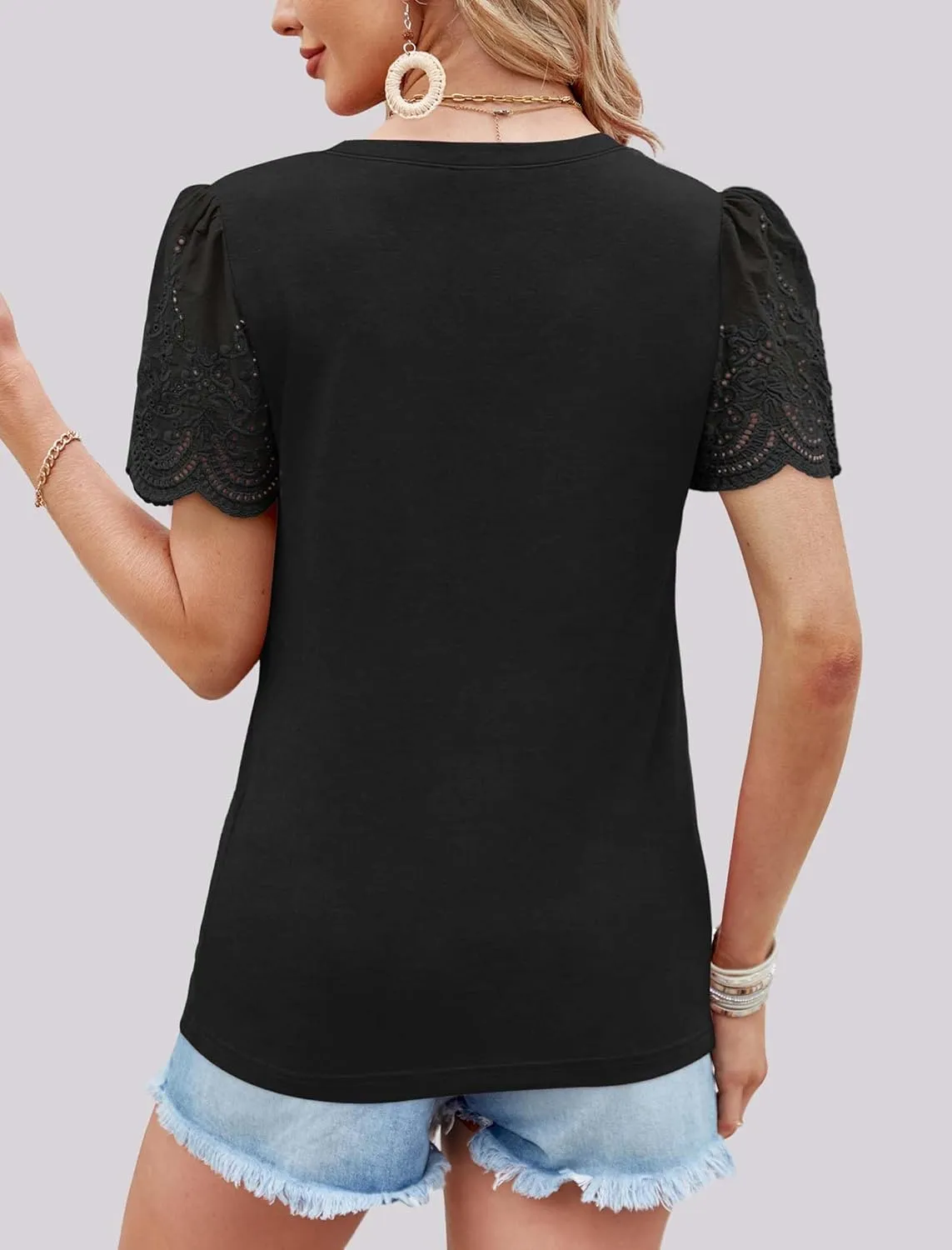 XIEERDUO Lace Puff Sleeve Tops for Women 2024 V Neck Shirts Womens Shirts Dressy Casual Loose Tops Summer Tee Shirt