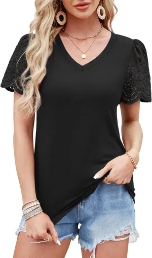 XIEERDUO Lace Puff Sleeve Tops for Women 2024 V Neck Shirts Womens Shirts Dressy Casual Loose Tops Summer Tee Shirt