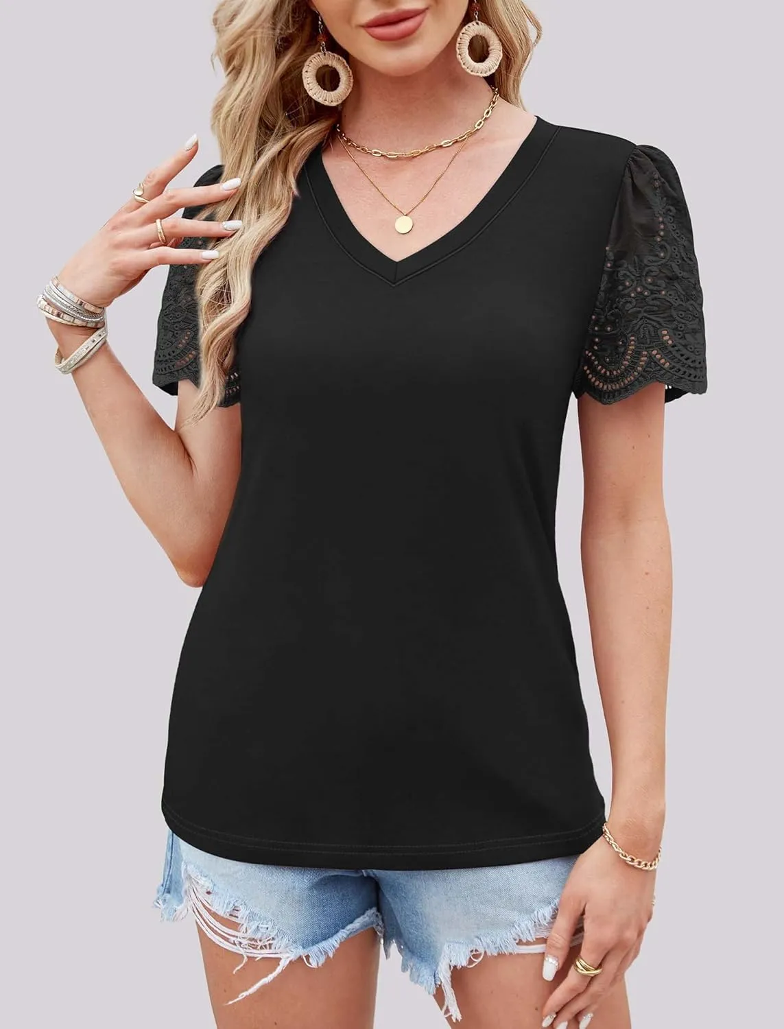 XIEERDUO Lace Puff Sleeve Tops for Women 2024 V Neck Shirts Womens Shirts Dressy Casual Loose Tops Summer Tee Shirt