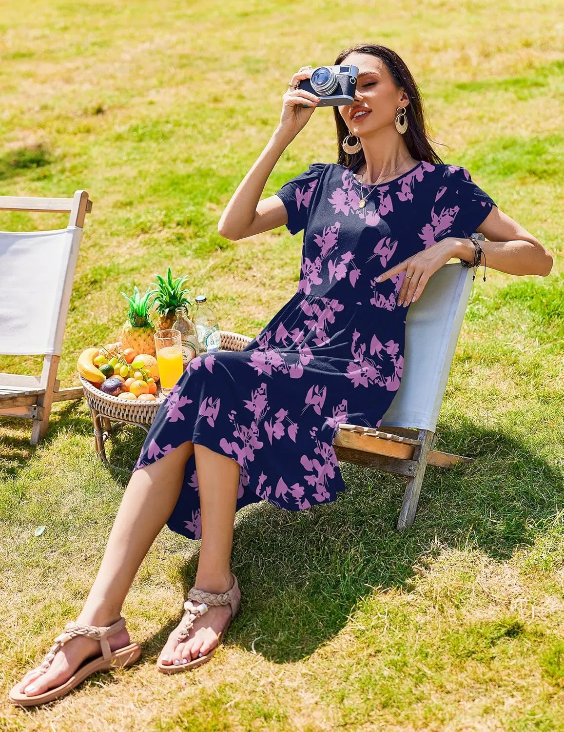 Zeagoo Women Summer Short Sleeve Midi Dress with Pockets Casual Aline Flowy Tshirt Dress Floral Vocation Beach Sundress