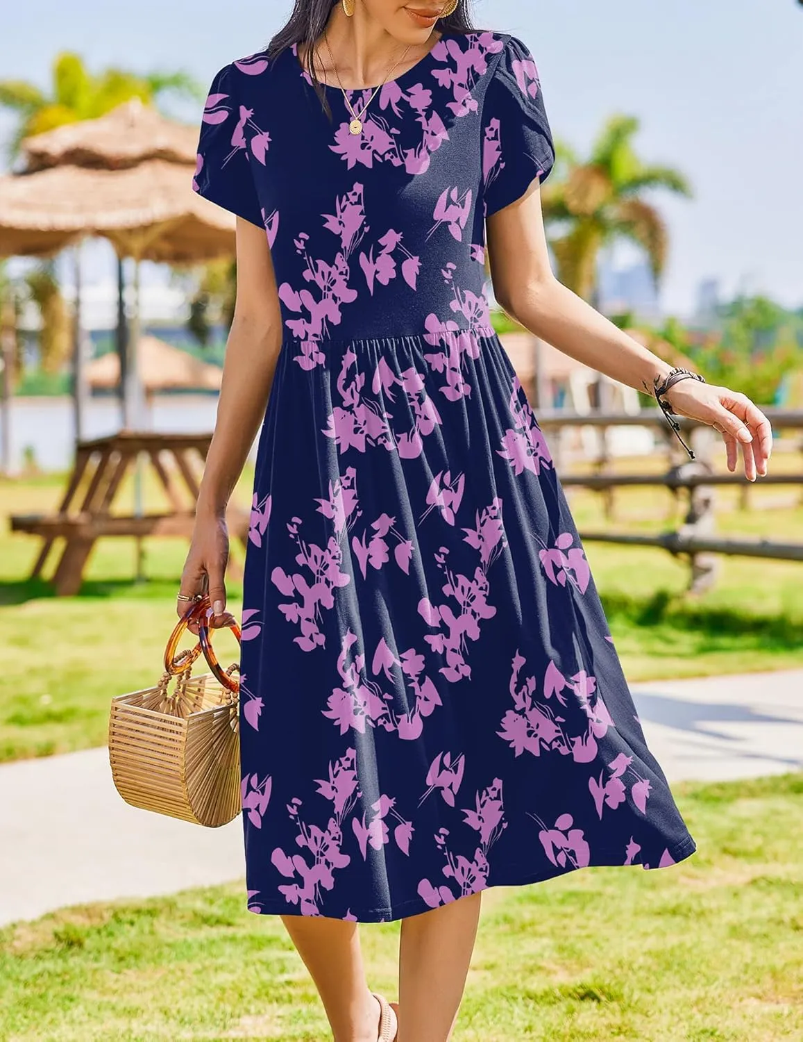 Zeagoo Women Summer Short Sleeve Midi Dress with Pockets Casual Aline Flowy Tshirt Dress Floral Vocation Beach Sundress