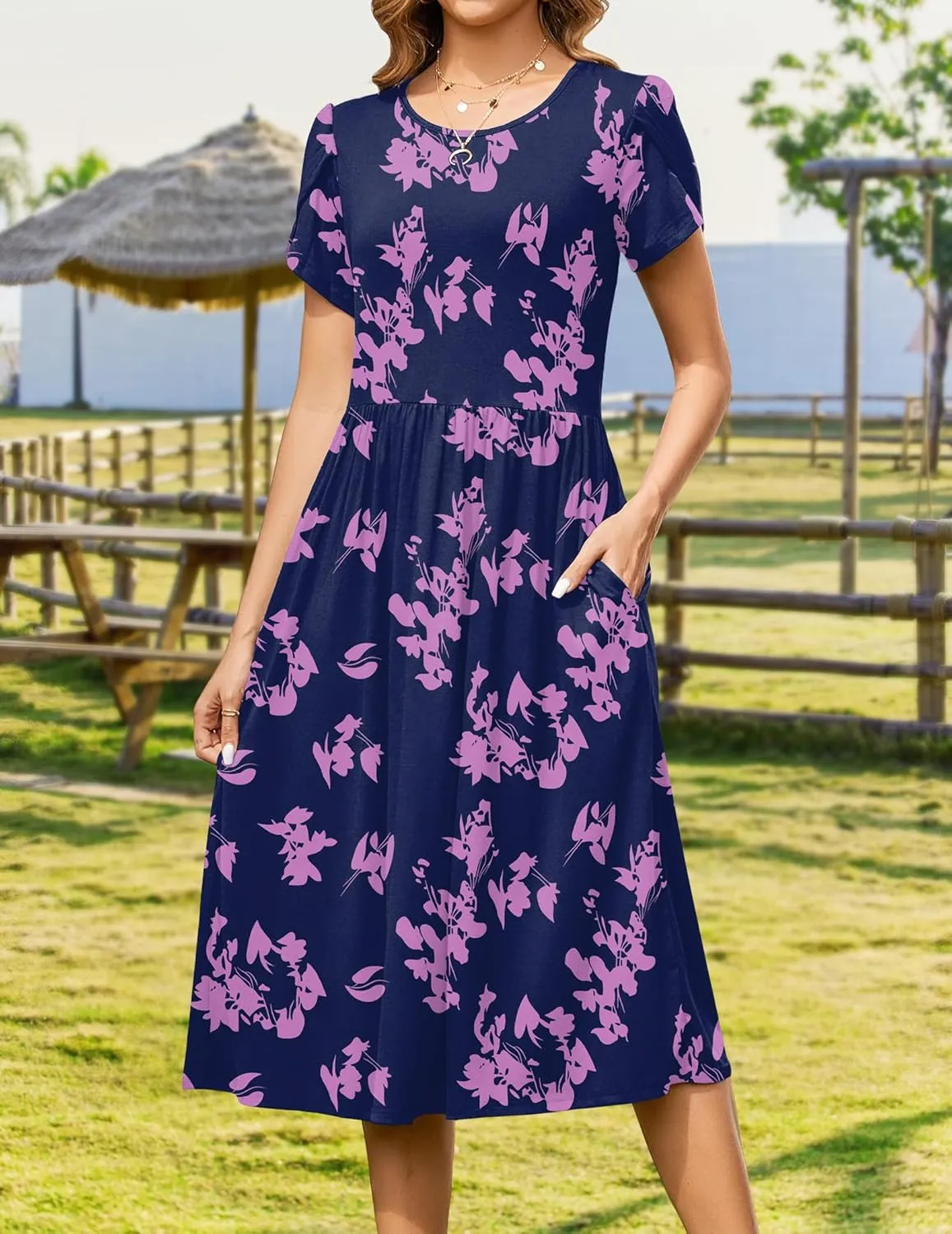 Zeagoo Women Summer Short Sleeve Midi Dress with Pockets Casual Aline Flowy Tshirt Dress Floral Vocation Beach Sundress