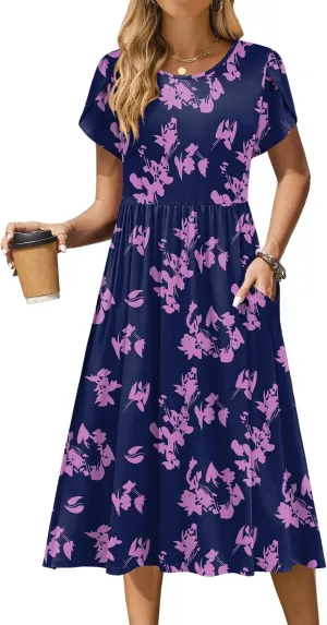 Zeagoo Women Summer Short Sleeve Midi Dress with Pockets Casual Aline Flowy Tshirt Dress Floral Vocation Beach Sundress