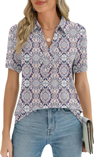 ZHENWEI Women's Short Sleeve V-Neck Polo Shirts Business Casual Work Collared Tops Dressy Johnny Collar Cute Blouses