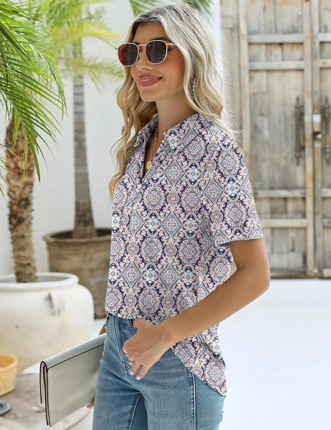 ZHENWEI Women's Short Sleeve V-Neck Polo Shirts Business Casual Work Collared Tops Dressy Johnny Collar Cute Blouses
