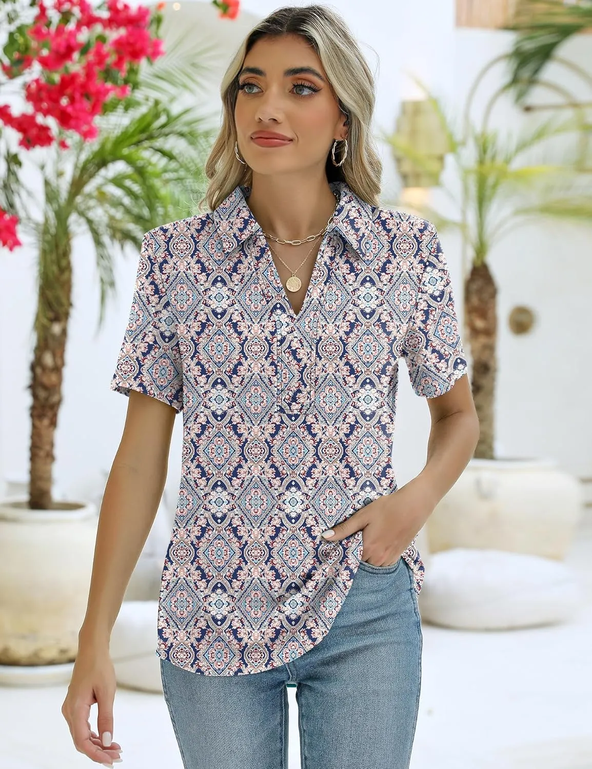 ZHENWEI Women's Short Sleeve V-Neck Polo Shirts Business Casual Work Collared Tops Dressy Johnny Collar Cute Blouses